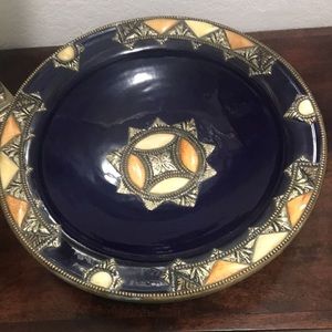 Antique 12” Moroccan Pottery Art Bowl Nickel Silver Filigree. Extremely rare
